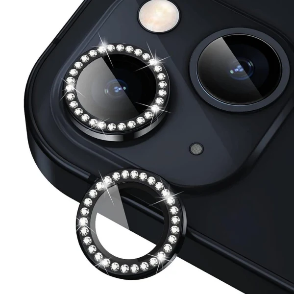 Протектор задна камера метални рингове с камъни MBX за iPhone 14, 14 Plus, Черен