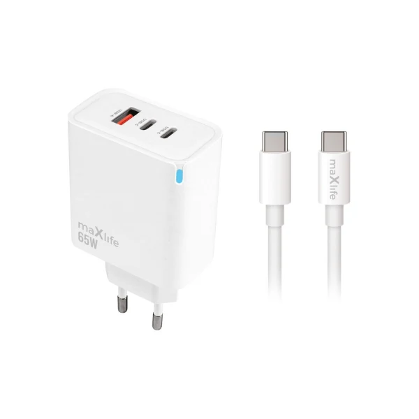 Мрежово зарядно Maxlife PD QC MXTC-09-65ACC 2x USB-C 1x USB 65W, бяло + кабел USB-C - USB-C 2,0m 100W