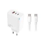 Миниатюра: Мрежово зарядно Maxlife PD QC MXTC-09-65ACC 2x USB-C 1x USB 65W, бяло + кабел USB-C - USB-C 2,0m 100W