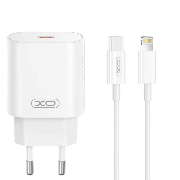XO мрежово зарядно CE25 PD 25W 1x USB-C бяло + кабел USB-C - Lightning