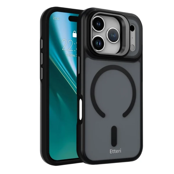 Кейс Etteri Morning Fog с Magsafe и стойка, За iPhone 17 Pro / 18 Pro, Черен