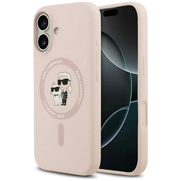 Оригинален кейс Karl Lagerfeld Silicone Double Heads And Circle MagSafe, За iPhone 17 (6.3), Розов