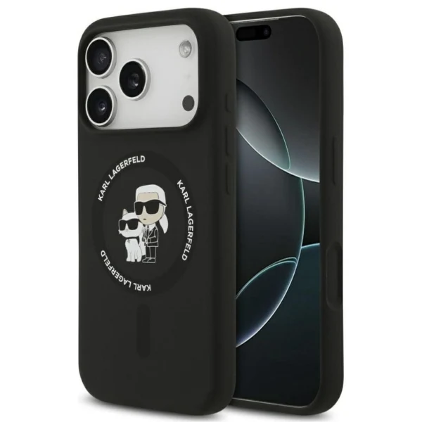 Оригинален кейс Karl Lagerfeld Silicone Double Heads And Circle MagSafe, За iPhone 17 Pro (6.3), Черен