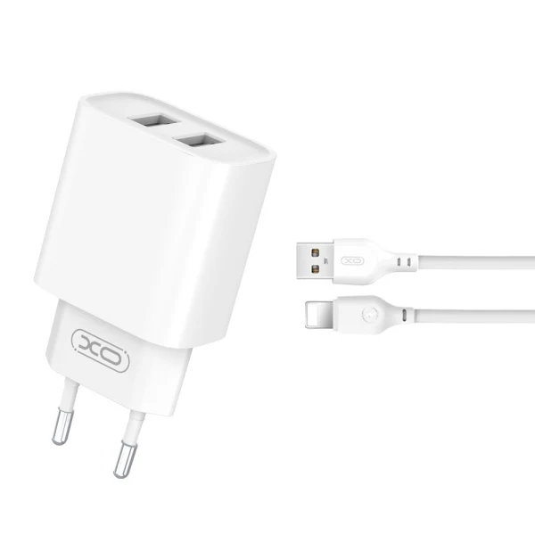 Зарядно устройство комплект XO CE02C 2x USB-A 2,1A + Lightning кабел, Бяло