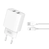 Миниатюра: Зарядно устройство комплект XO CE02C 2x USB-A 2,1A + Lightning кабел, Бяло