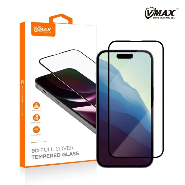Стъклен протектор за дисплей Vmax 9D с цяло лепило, За iPhone 16 Plus (6.7), Черен