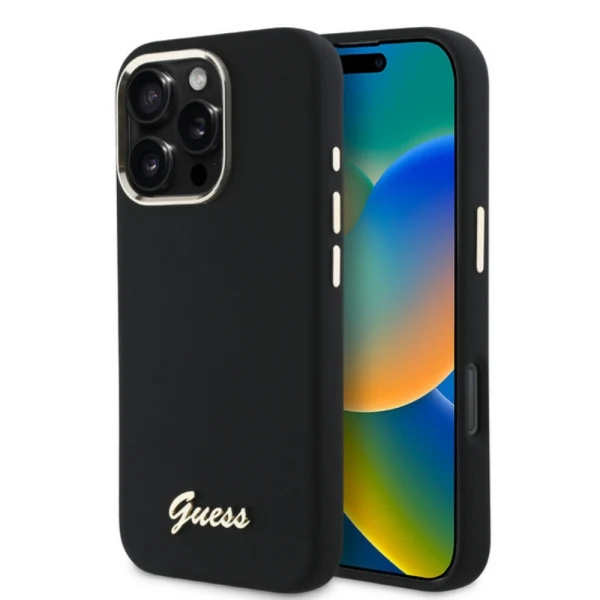 Оригинален кейс Guess Silicone Script Metal Logo and Frame, За iPhone 16 Pro (6.3), Черен