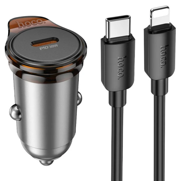 Зарядно устройство за кола комплект HOCO NZ16 PD 30W 1x USB-C с кабел USB-C - Lightning, Черен