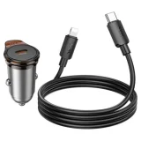 Миниатюра: Зарядно устройство за кола комплект HOCO NZ16 PD 30W 1x USB-C с кабел USB-C - Lightning, Черен