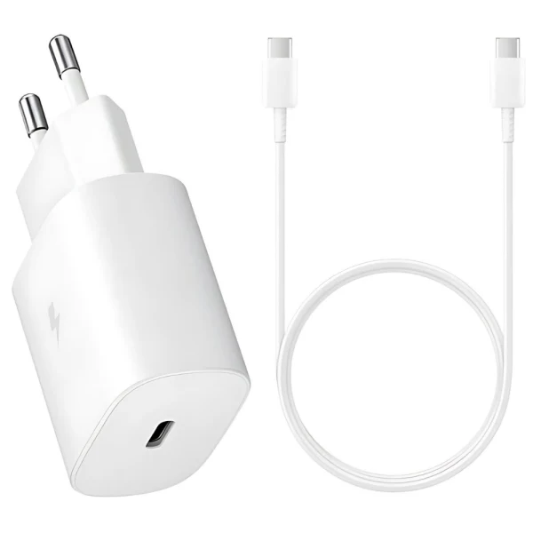 Оригинално зарядно устройство комплект Samsung EP-TA800W + DA705BWE, 25W, 3A, 1 x USB-C, с USB-C кабел, в плик, Бяло