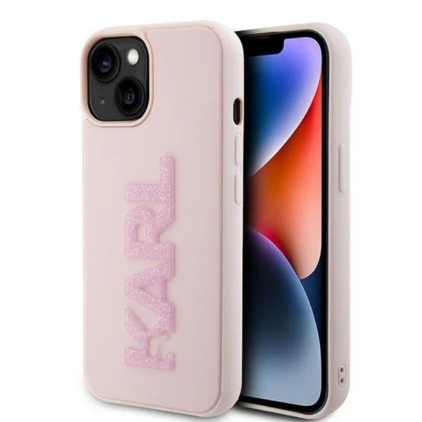 Оригинален кейс Karl Lagerfeld HC 3D Logo Glitter, За iPhone 15 (6.1), Розов