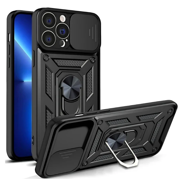 Силиконов твърд кейс bSmart Defender Slide, За iPhone 15 Pro (6.1), Черен